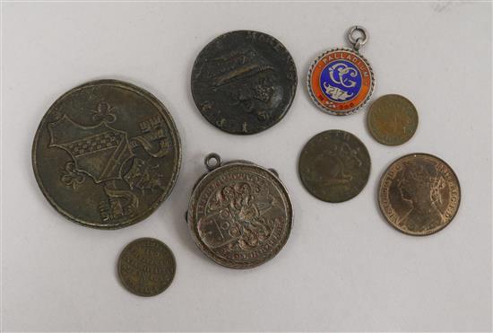 A Victoria one penny 1879, AUNC and a collection of bronze medals, coins and tokens, Dia 55mm (largest)